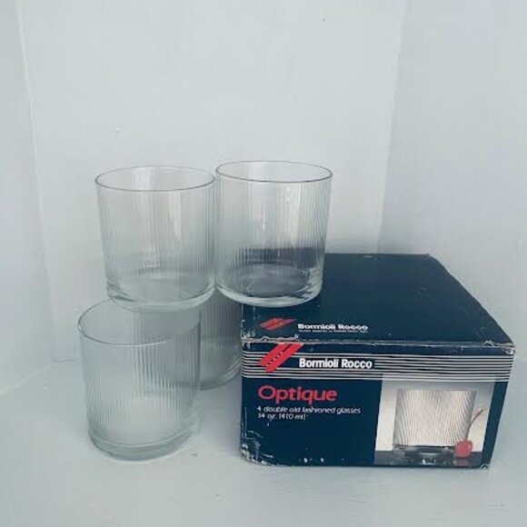 A Classic Vintage Bormioli Set Of 4 Optique Old Fashion 14oz Drinking Glasses Ma - Picture 8 of 12